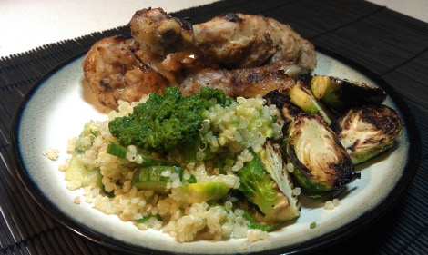 Simple Quinoa Salad with Cilantro Chutney. Served with Garlic broiled Brussels sprouts and Chicken Drumsticks. (photo)