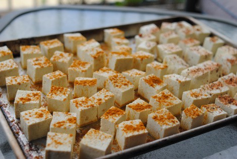 Low-amine tofu bites, seasoned and ready to bake (photo)