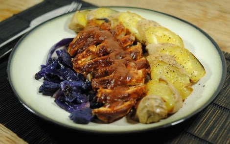 Low-Amine Baked BBQ Chicken (low-amine, gluten-free, soy-free, dairy-free, tomato-free, low-fat, low-carb) served with baked sweet potato and stir-fried cabbage (photo)